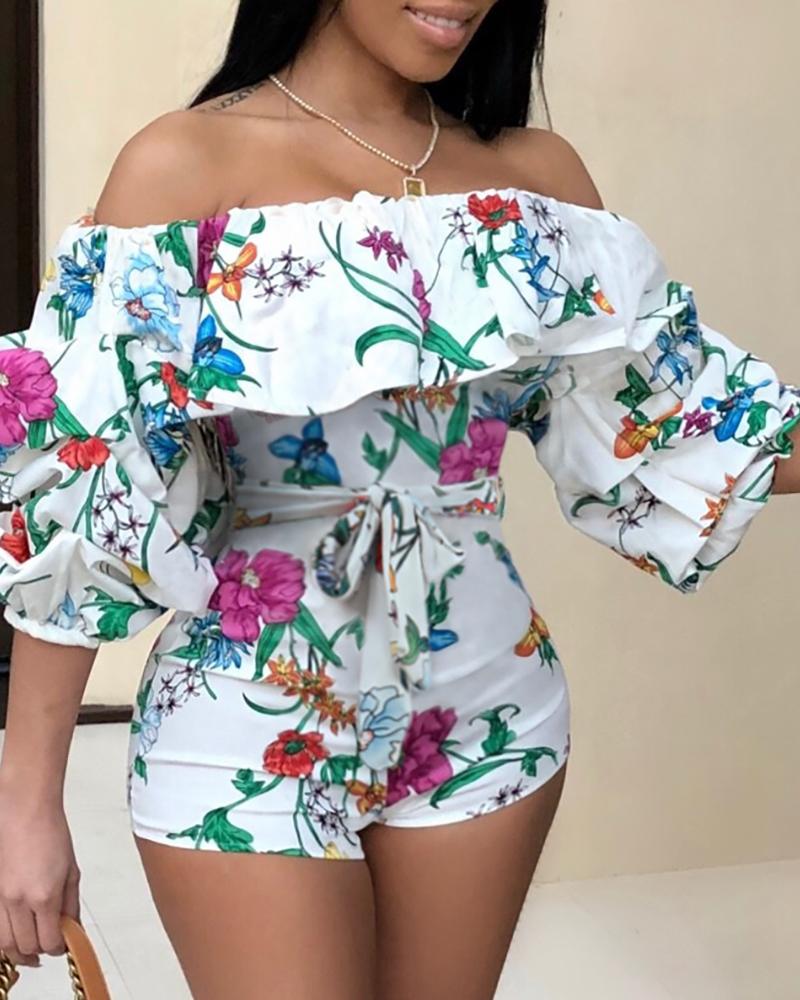 

Off Shoulder Floral Tie Dye Print Ruffles Romper, White