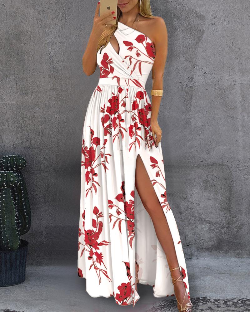 

Floral Print Cutout One Shoulder Slit Thigh Maxi Dress, Red