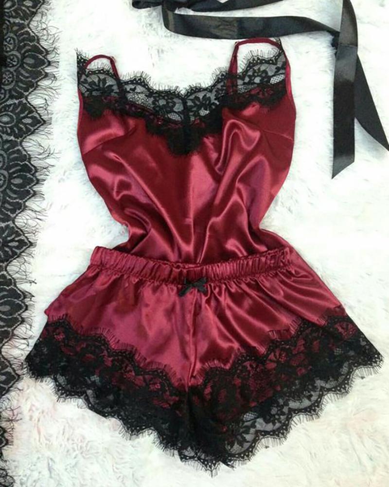 

Satin Eyelash Crochet Lace Bowknot Decor Cami Set, Wine red