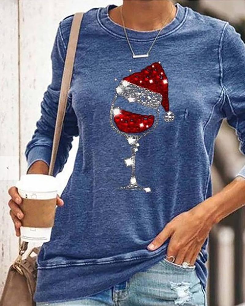 

Christmas Wineglass Hat Print Casual Sweatshirt, Blue