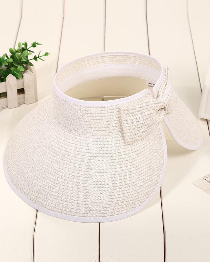 

Bowknot Design Wide Brim Sun Visor Straw Hat, White