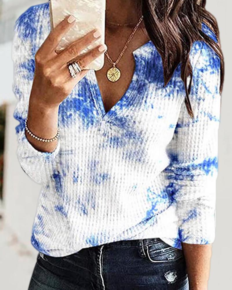 

Tie Dye Print V Neck Long Sleeve Knit Top, Blue