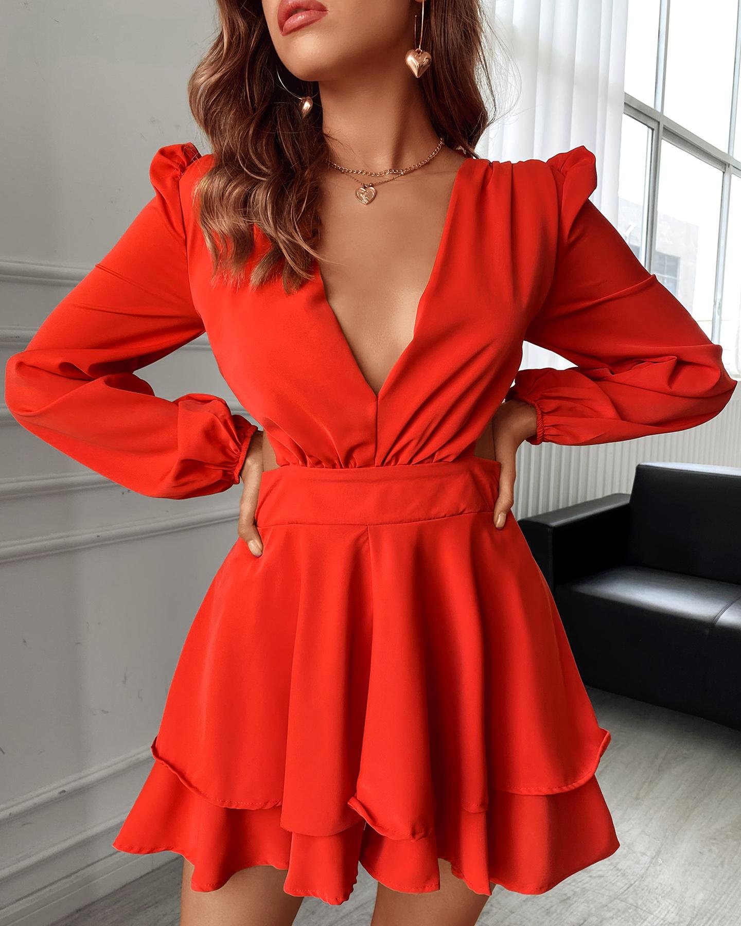 

Puff Lantern Sleeve Ruffles Lace-up Backless Dress, Orange