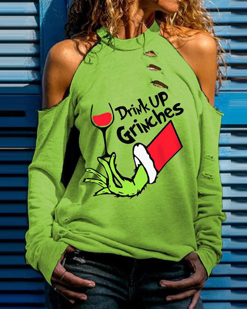 

Christmas Cartoon Letter Print Cutout Top, Green
