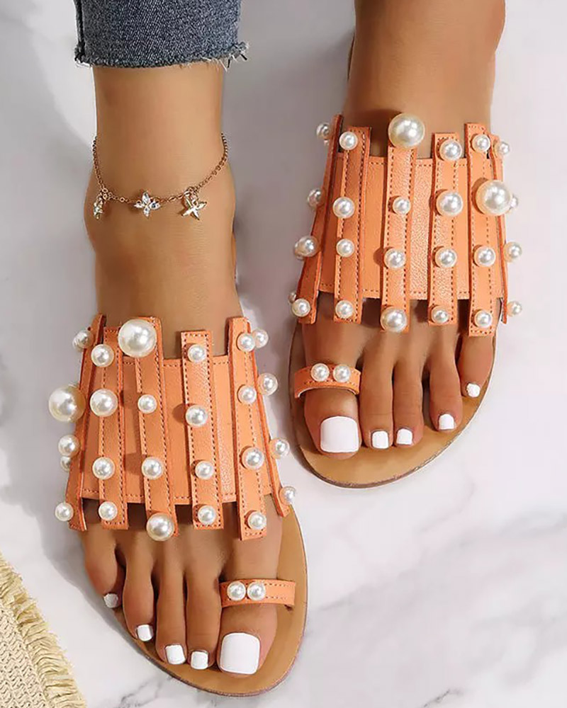 

Toe Post Pearls Decor Slippers, Orange