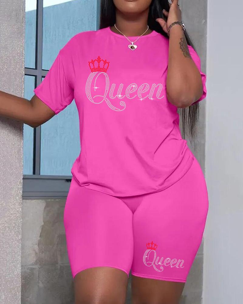 

Letter Crown Pattern Rhinestone T-shirt & Shorts Set, Pink