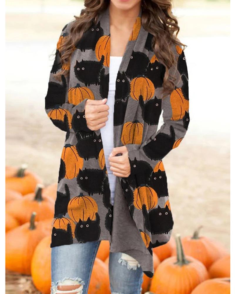 

Halloween Pumpkin Cat Print Long Sleeve Cardigan, Gray