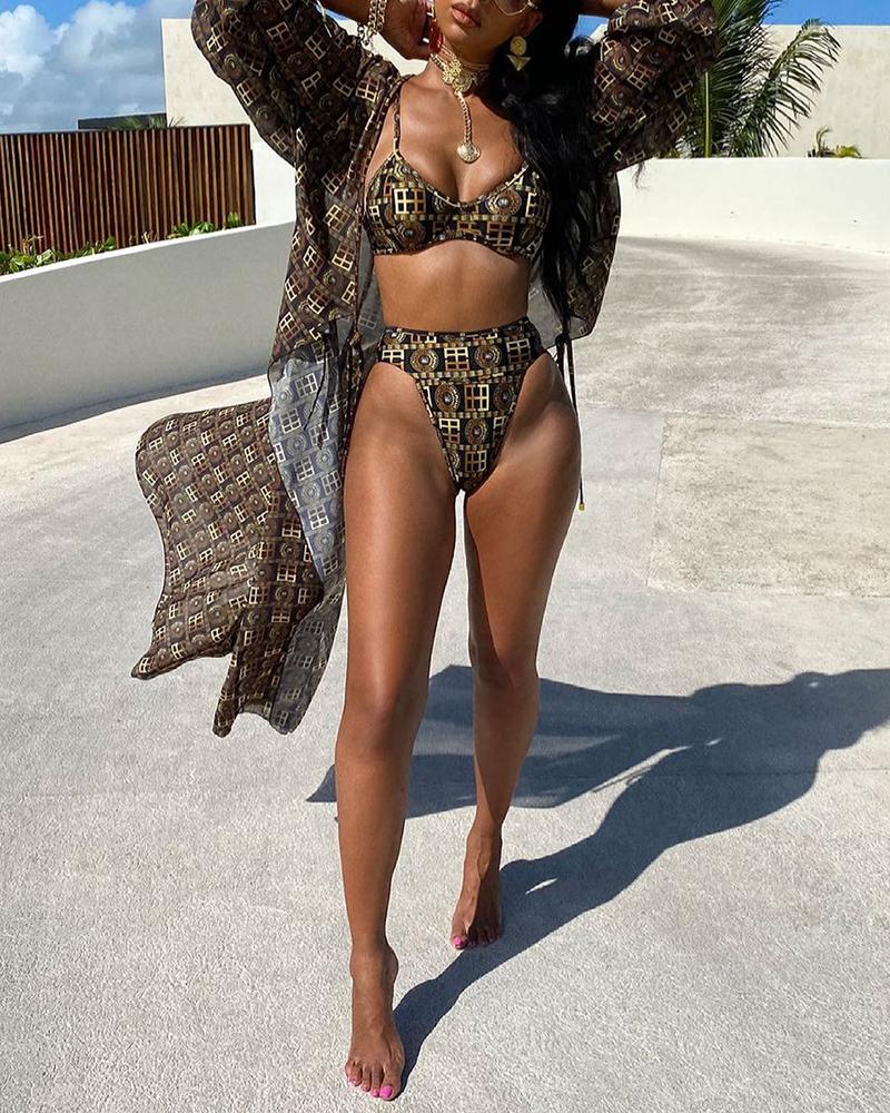 

3PCS Graphic Print Bikini Set With Cover Up, Brown
