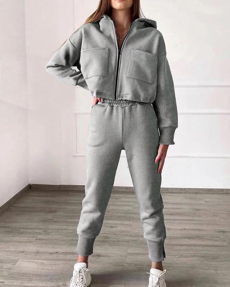 

Zip Up Pocket Hooded Top & Elastic Waist Pants Set, Gray