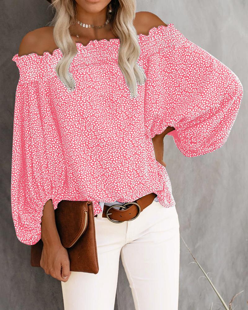 

Off Shoulder Allover Print Lantern Sleeve Top, Pink