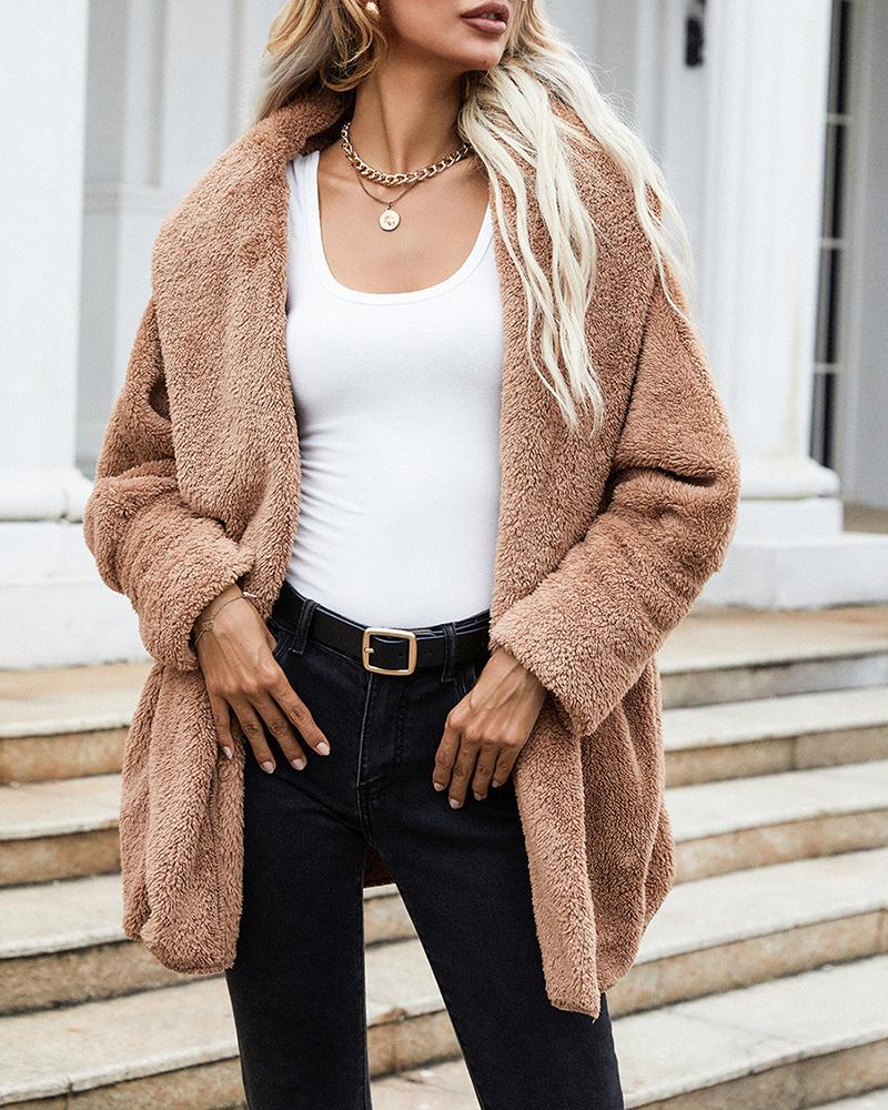 

Long Sleeve Open Front Casual Teddy Coat, Brown