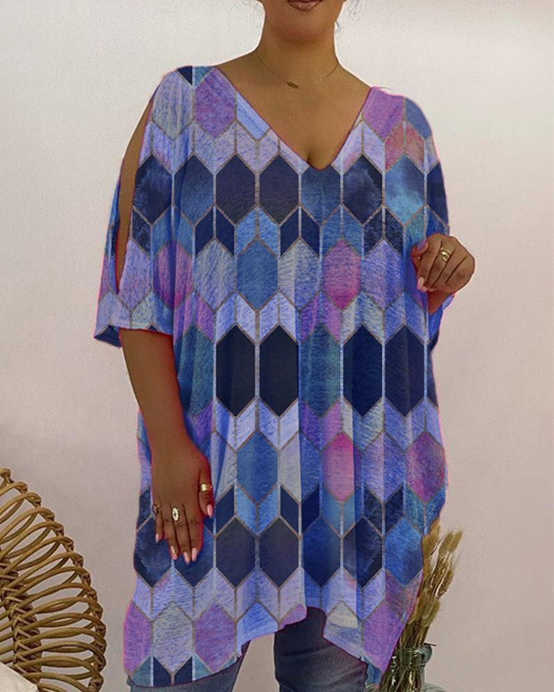 

Plus Size Geometric Print Cold Shoulder Top, Blue