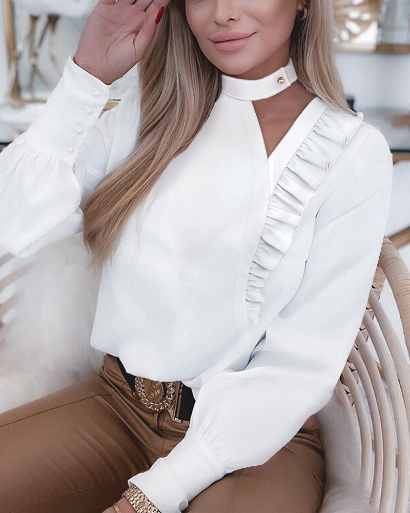 

Long Sleeve Cutout Frill Hem Top, White