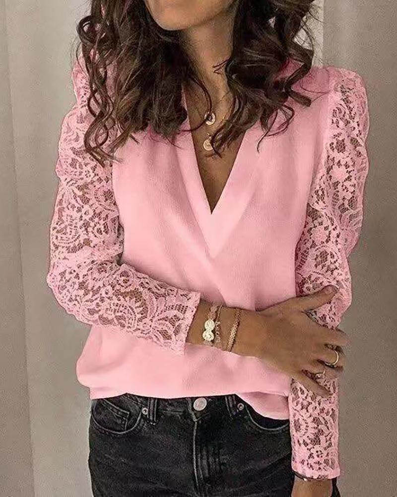 

Long Sleeve Lace Patchwork Blouse, Pink
