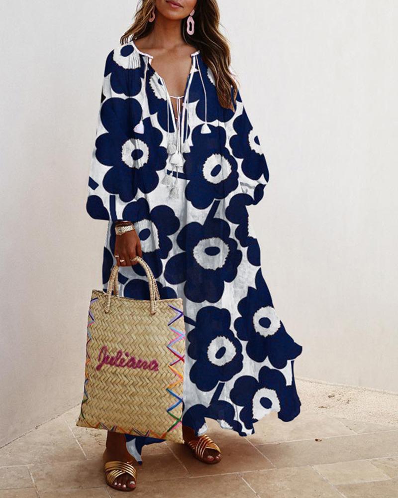 

Floral Print Lantern Sleeve Maxi Dress, Dark blue
