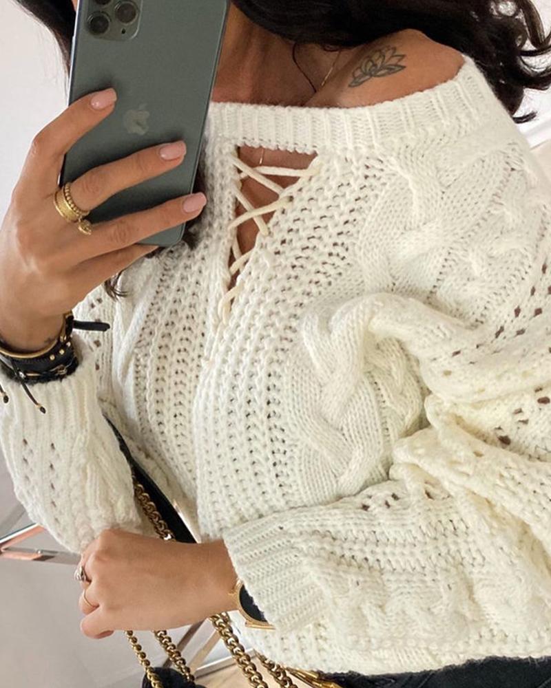 

Lace-Up Front Chunky Cable Knit Sweater, White