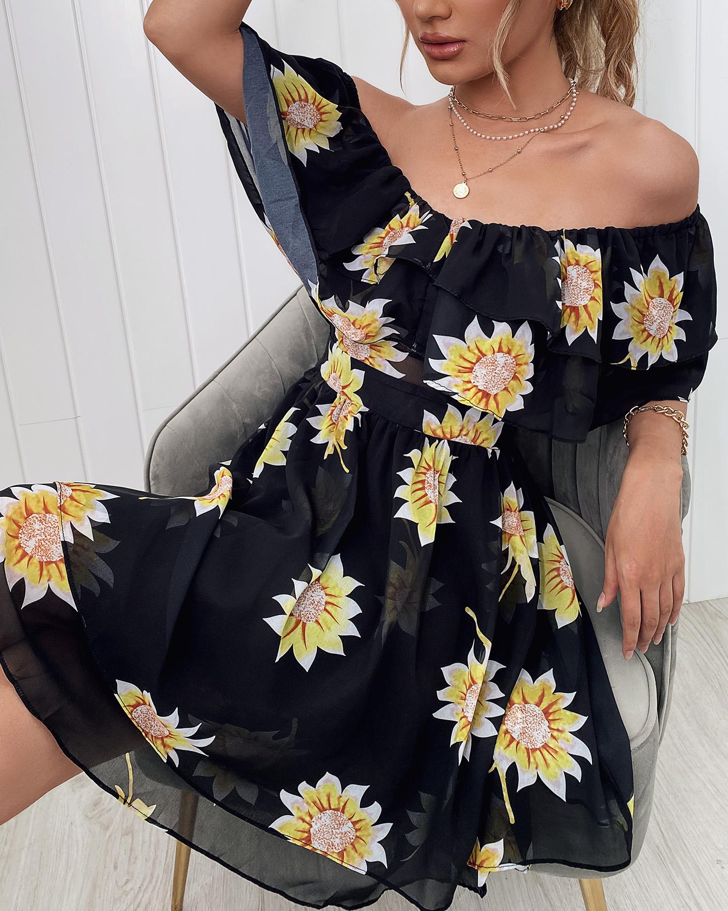 

Off Shoulder Sunflower Print Ruffles Skater Dress, Black