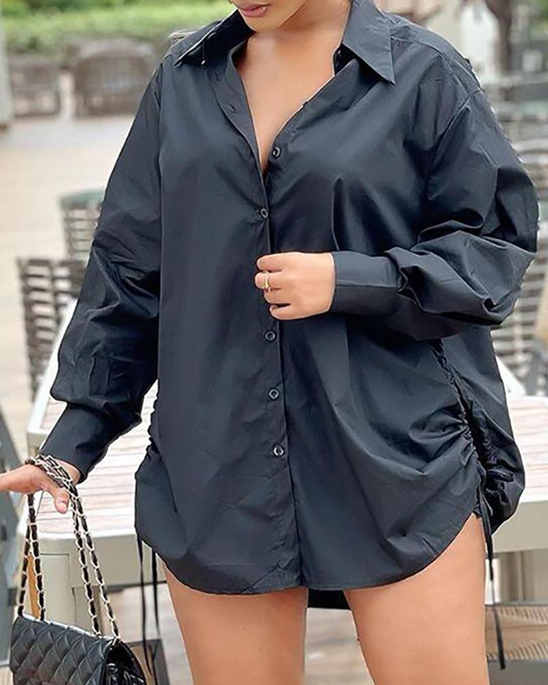 

Button Design Drawstring Shirt Dress, Black