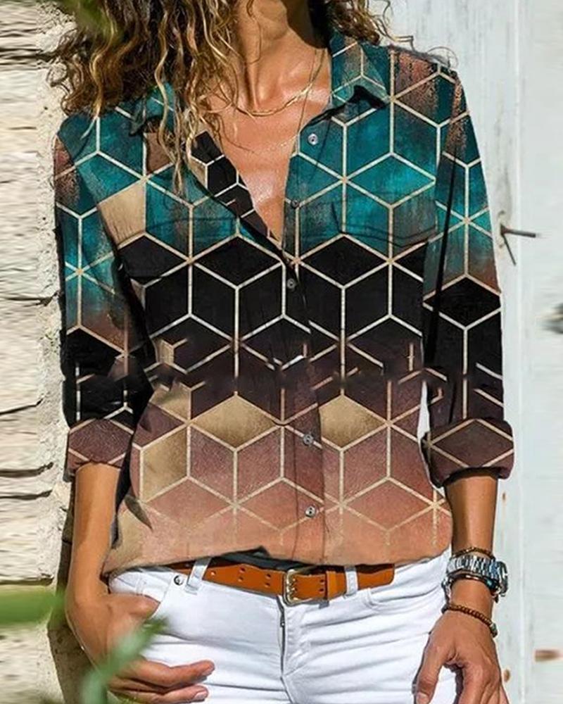 

Patterns Print Gradient Long Sleeve Blouse, Green