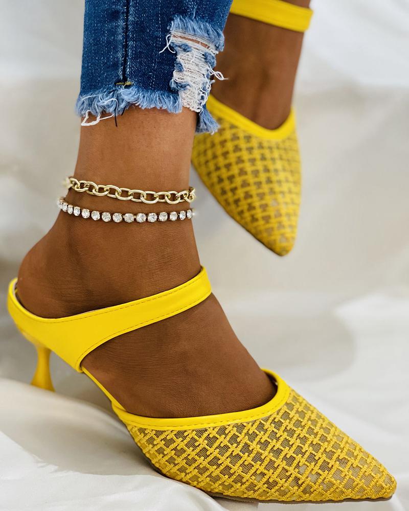 

Sheer Mesh Embroidery Pointed Toe Pyramid Heels, Yellow