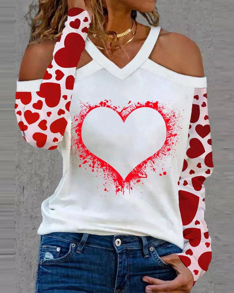 

Valentine' Day Heart Print Cold Shoulder Top, White