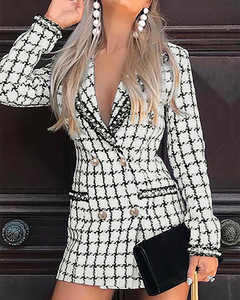 

Grid Double-Breasted Blazer Tweed Dress, White