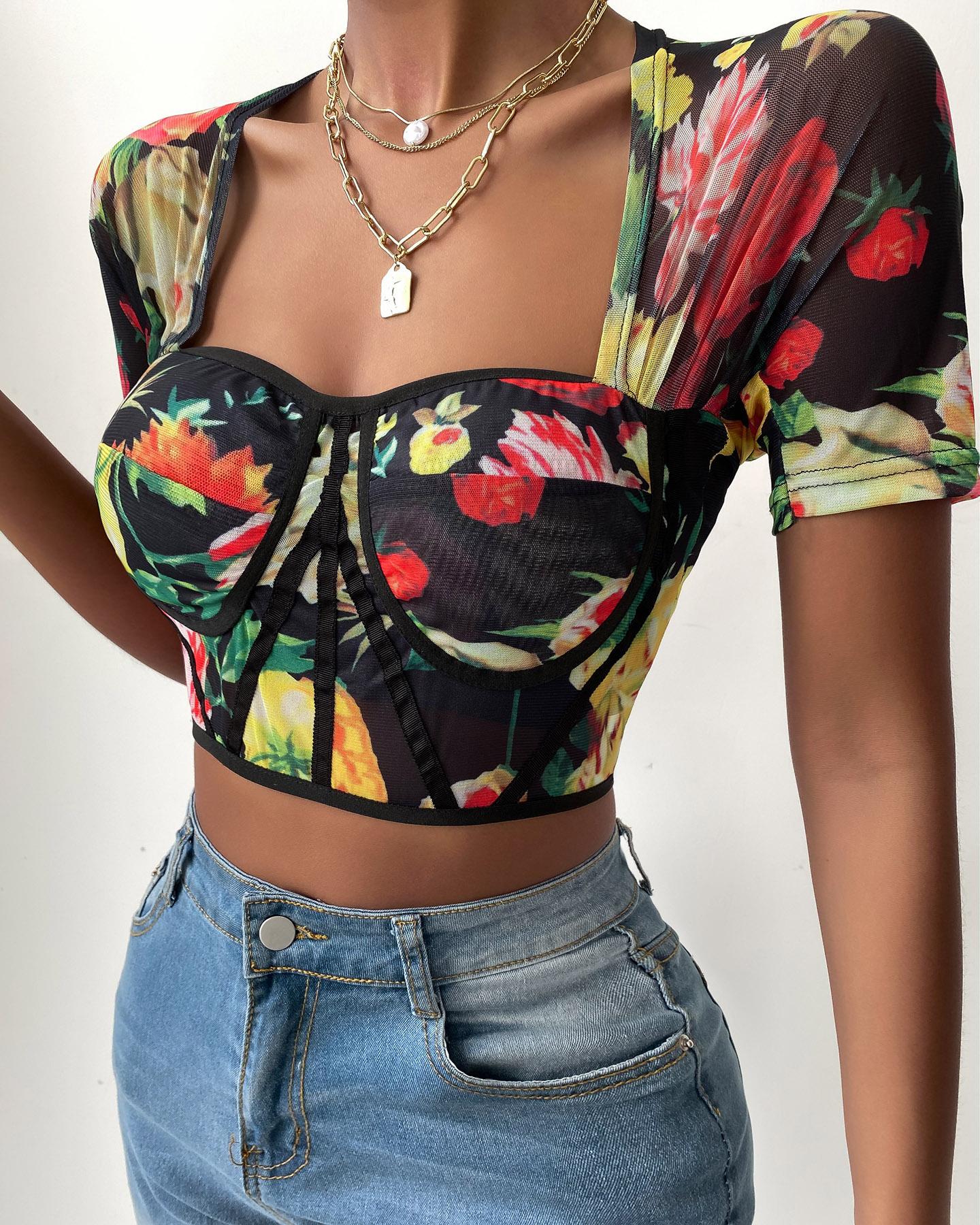 

Floral Print Short Sleeve Mesh Crop Top, Multicolor