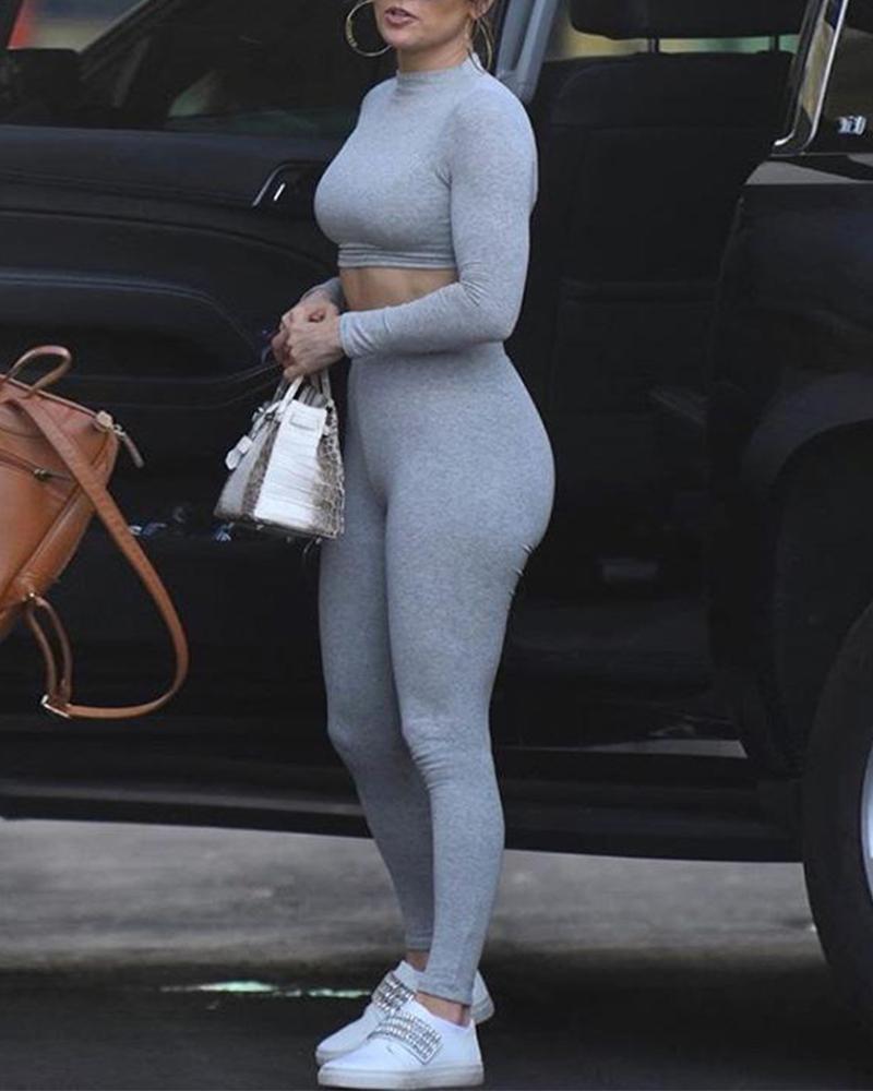 

Skinny Long Sleeve Top & Grey Leggings Sports Set, Light gray