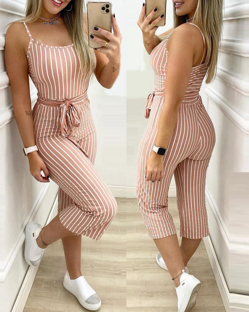 

Striped Print Cropped Jumpsuit With Belt, Pink