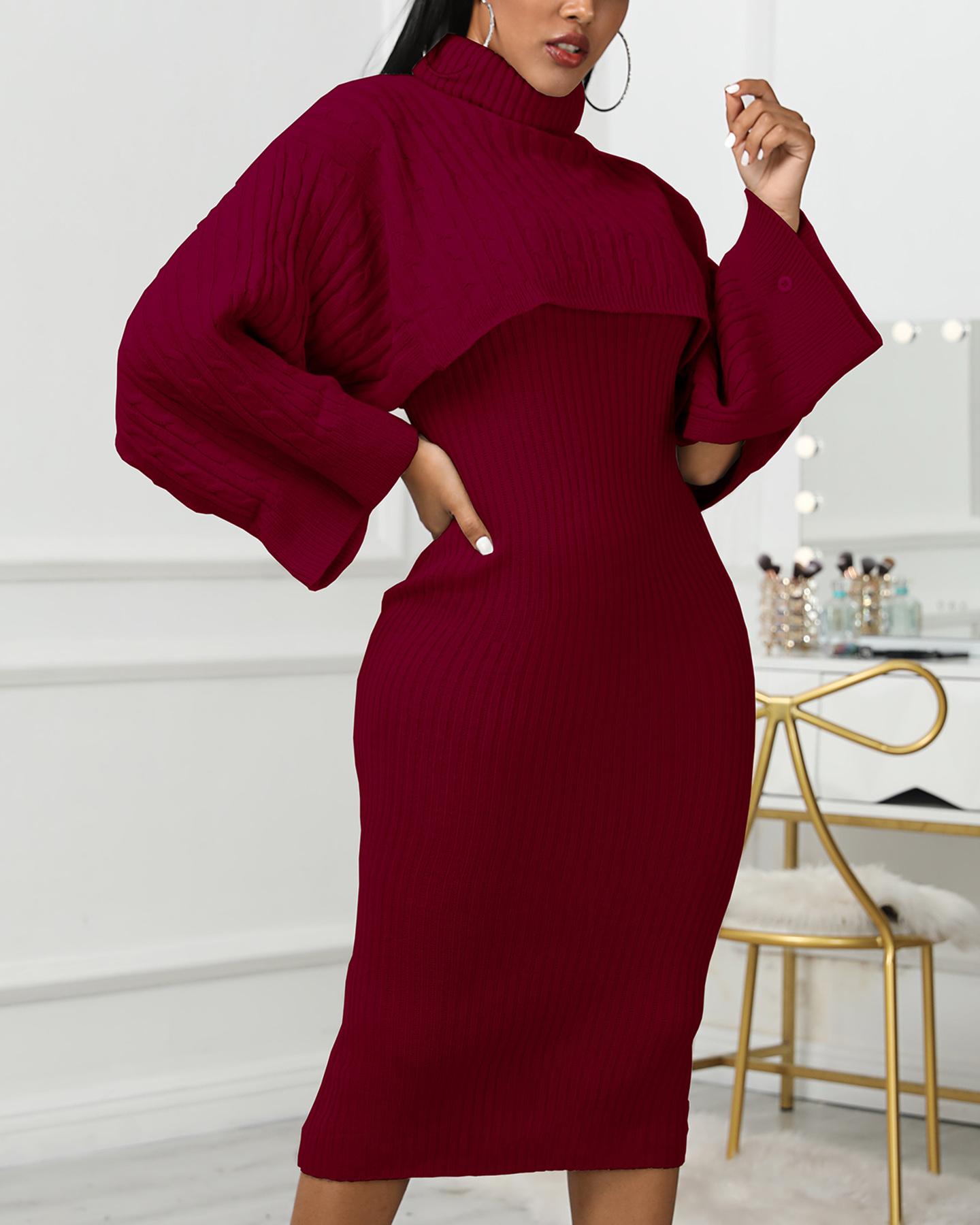 

Solid High Neck Ribbed Sweater & Thin Strap Women Dress Sets, Wine red