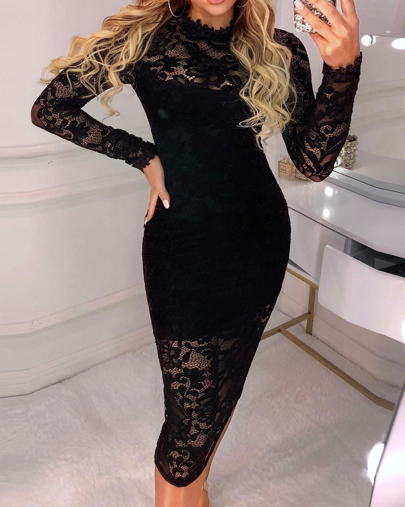 

Hollow Out Lace Overlay Bodycon Dress, Black