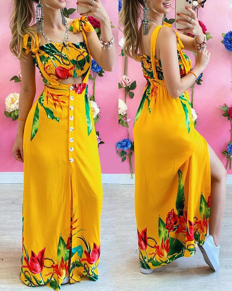 

Shirring Detail Top & Suspender Buttoned Slit Skirt Set, Yellow