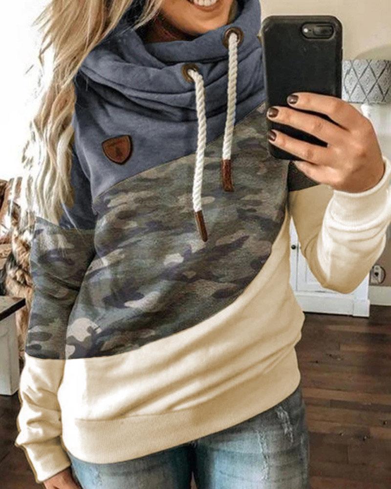 

Colorblock Camouflage Print Lantern Sleeve Hooded Top, Blue