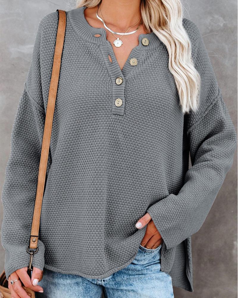 

Long Sleeve Button Front Split Hem Sweater, Gray