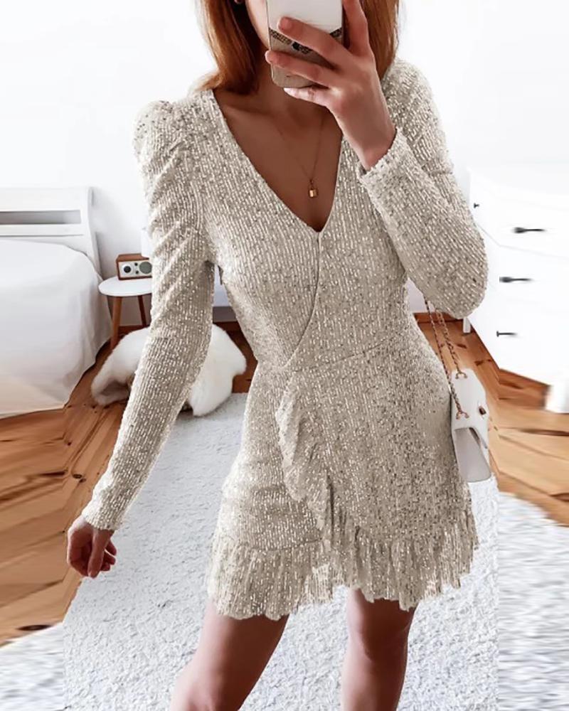 

Puff Sleeve Ruffles Allover Sequins Dress, Silver
