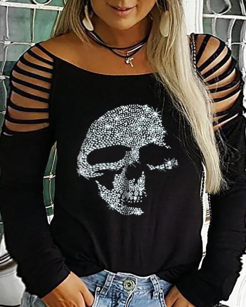 

Plus Size Ladder Cutout Skull Pattern Rhinestone Top, Black