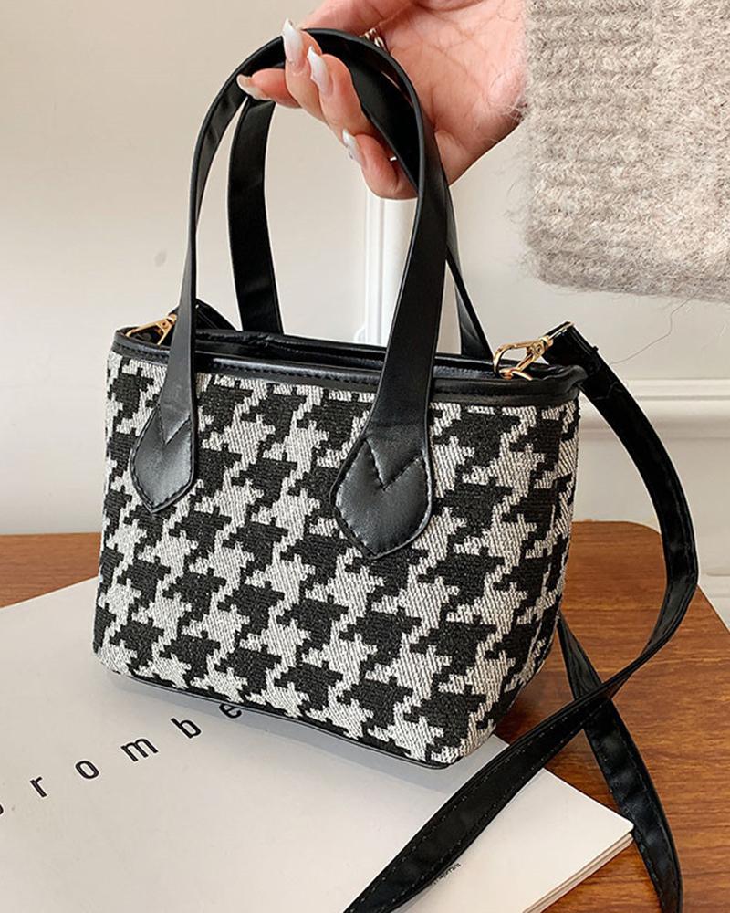 Houndstooth Zipper Design Satchel Bag