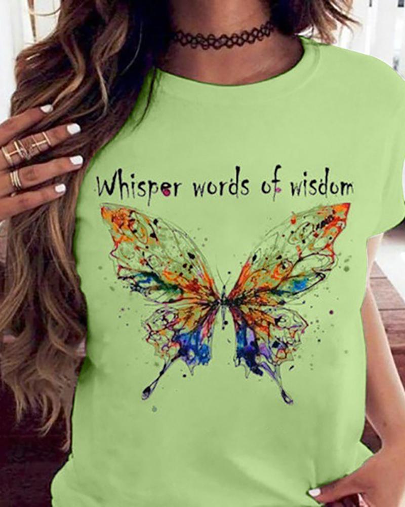 

Butterfly Print Short Sleeve Casual T-shirt, Green