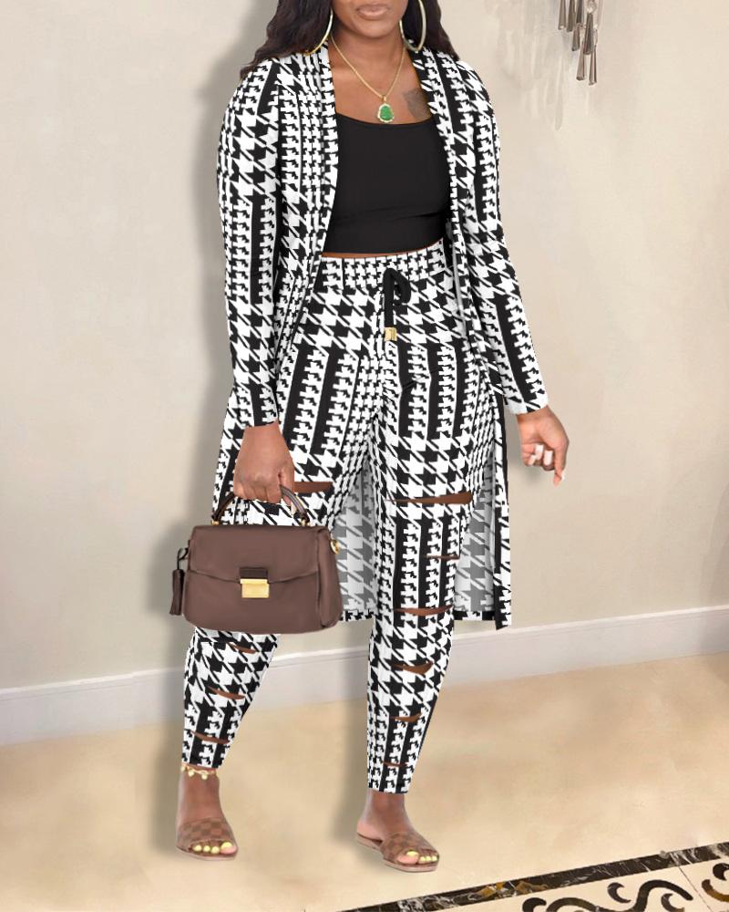 Plus Size 3PCS Cami Top & Houndstooth Print Pants Set With Coat