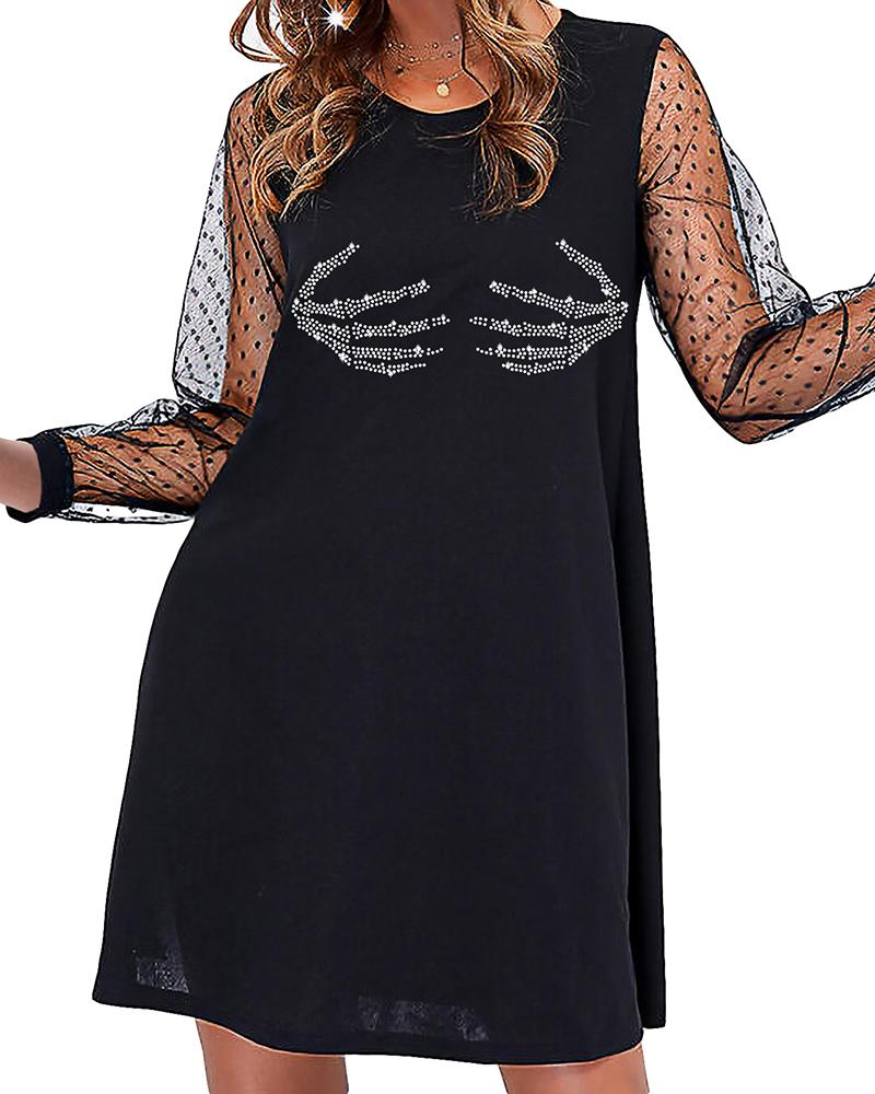 

Valentine' Day Rhinestone Dot Mesh Casual Dress, Style2