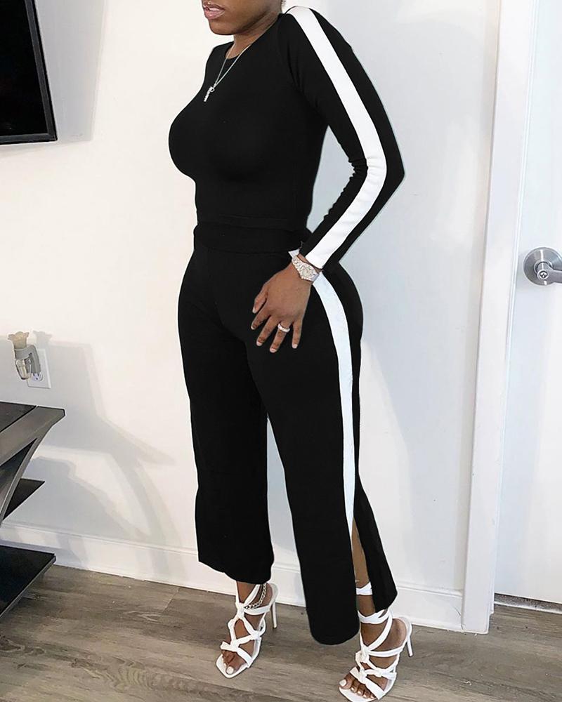 

Colorblock Striped Tape Casual Top & Slit Pants Set, Black