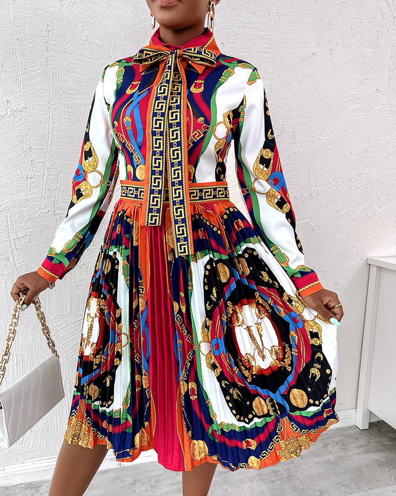 

Geo Pattern Scarf Print Pleated Shirt Dress, Black