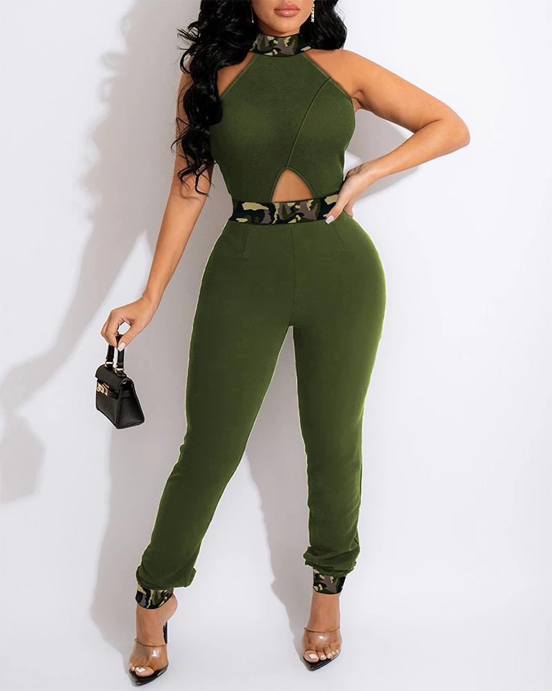 

Camo Tape Patch Cutout Sleeveless Jumpsuit, Green
