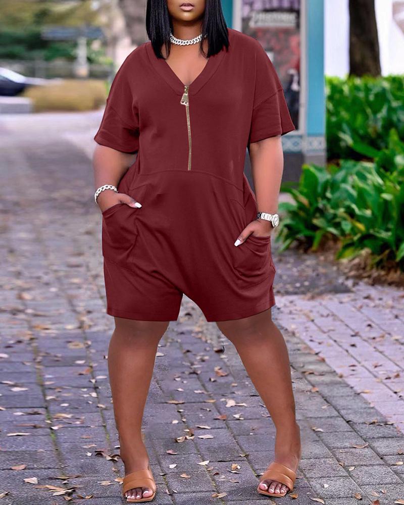 

Pocket Design Zip Front Short Sleeve Romper, Wine red