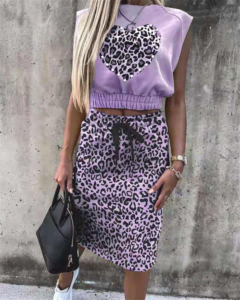 

Cheetah Print Sleeveless Top & Drawstring Skirt Set, Purple
