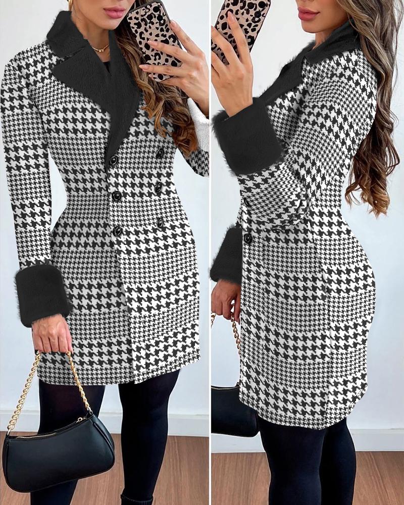 

Colorblock Houndstooth Print Fuzzy Double Breasted Coat, Blackwhite