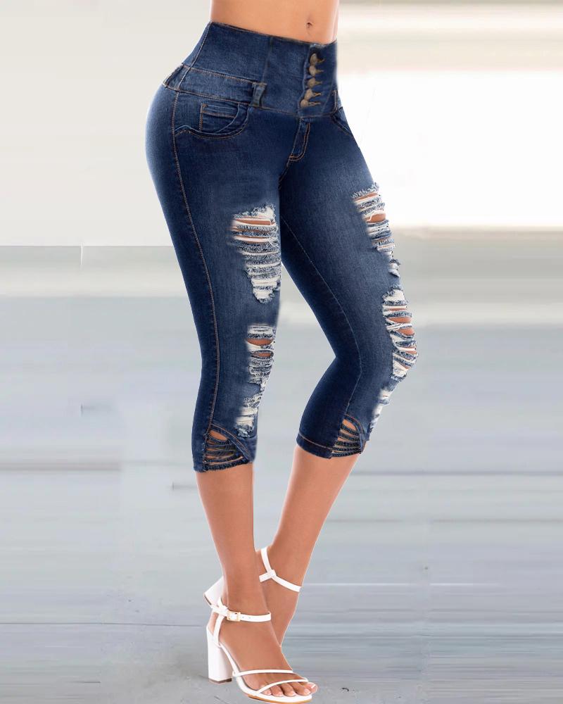 

Zipper Fly Buttoned High Waist Butt Lifting Ripped Jeans, Blue