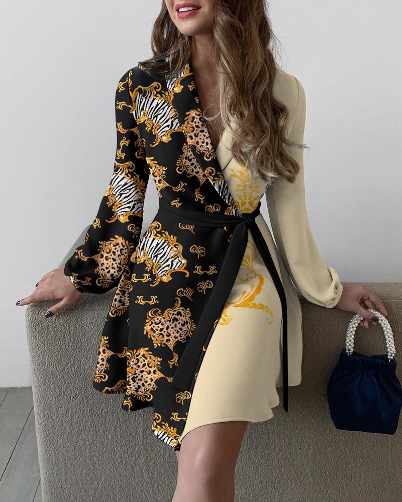 

Cheetah Baroque Print Long Sleeve Work Dress With Belt, Black