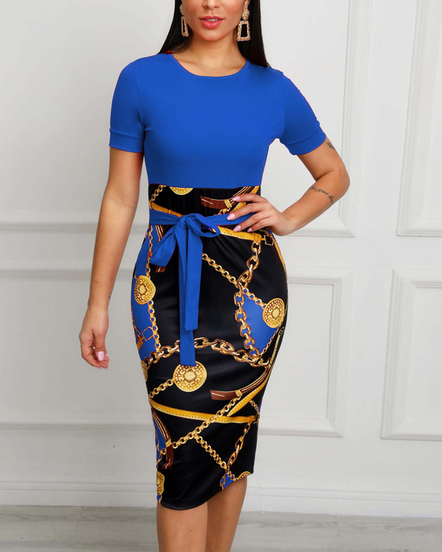 

Chain Print Patchwork Tie Waist Midi Women Dress, Blue