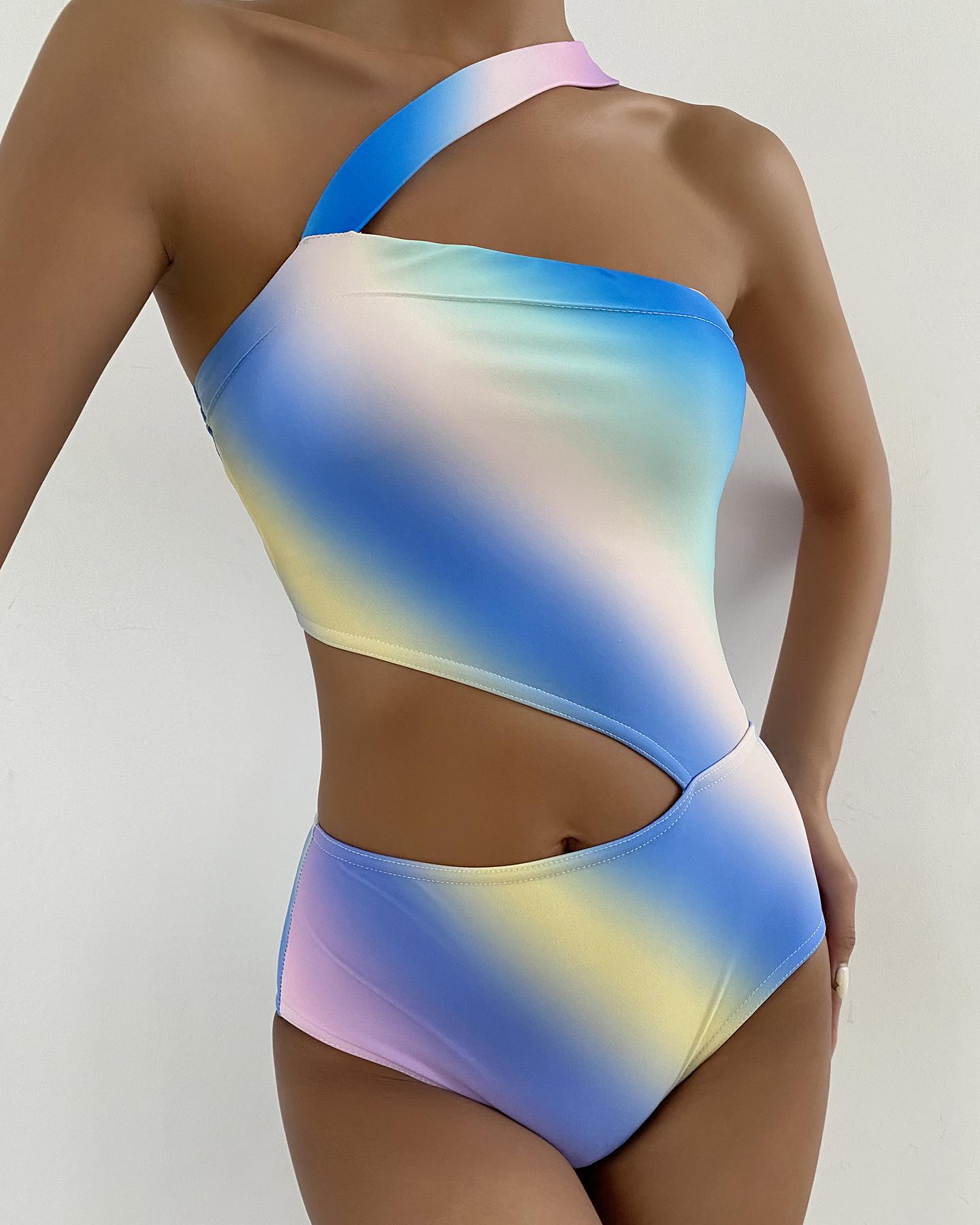 

Ombre Colorblock Cutout One Shoulder One Piece Swimsuit, Multicolor